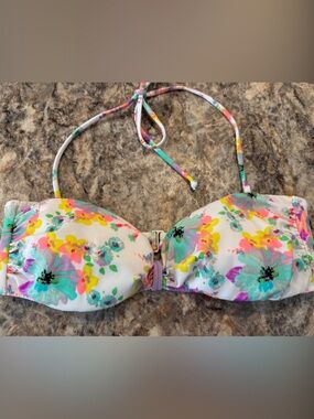 Victoria's Secret White Floral Bikini Top with Coral, Yellow & Teal Flowers